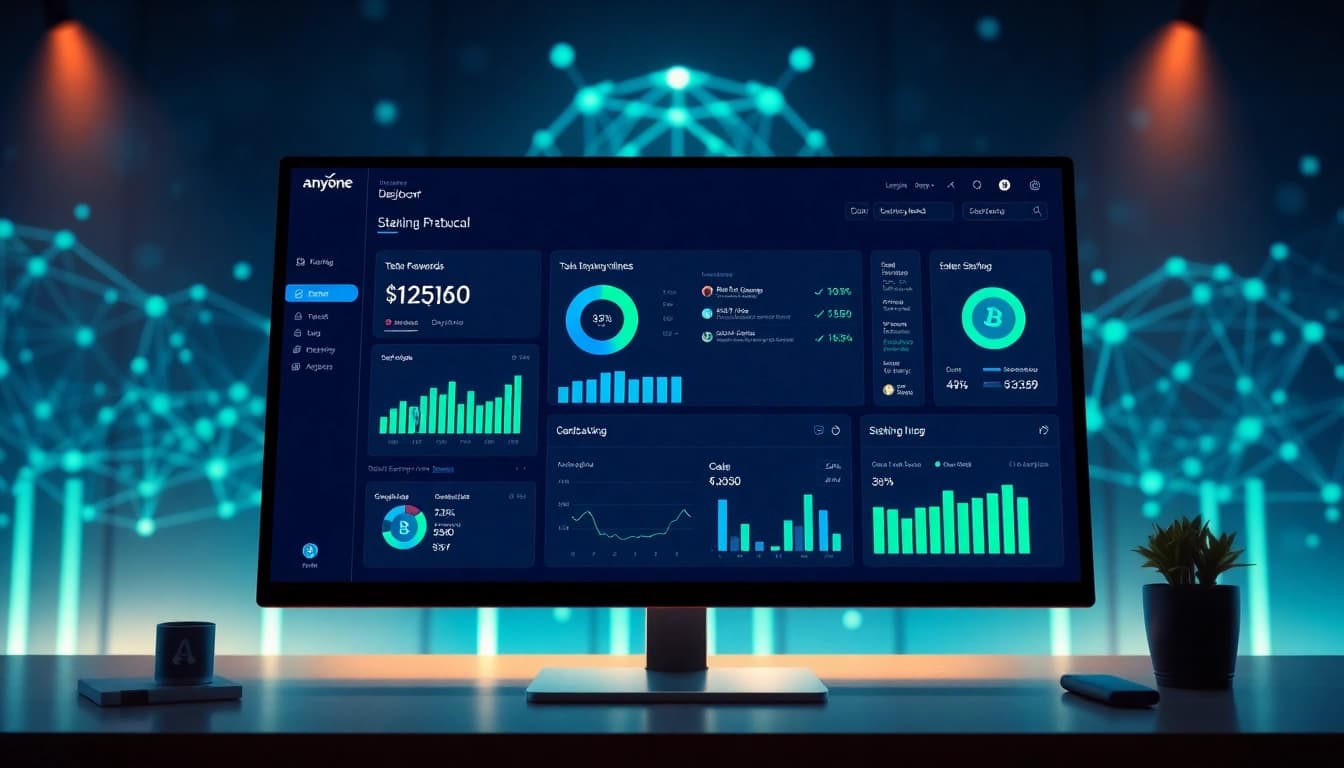 Anyone Protocol Dashboard displaying staking analytics and rewards in a modern, high-tech design.