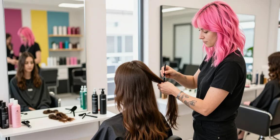Stylish hairstylist applying hair extensions showcasing the latest hair style trend.