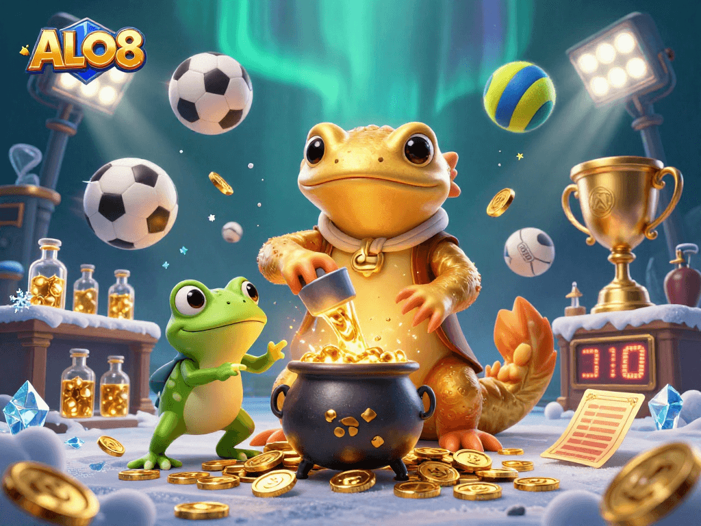 Experience the excitement of ALO8 with golden alchemist characters amidst dynamic casino elements.