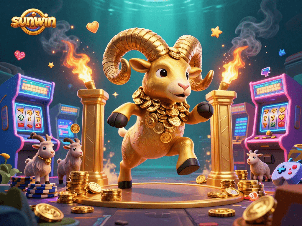 Experience thrilling gaming action at sunwin with a golden ram amidst vibrant casino elements.