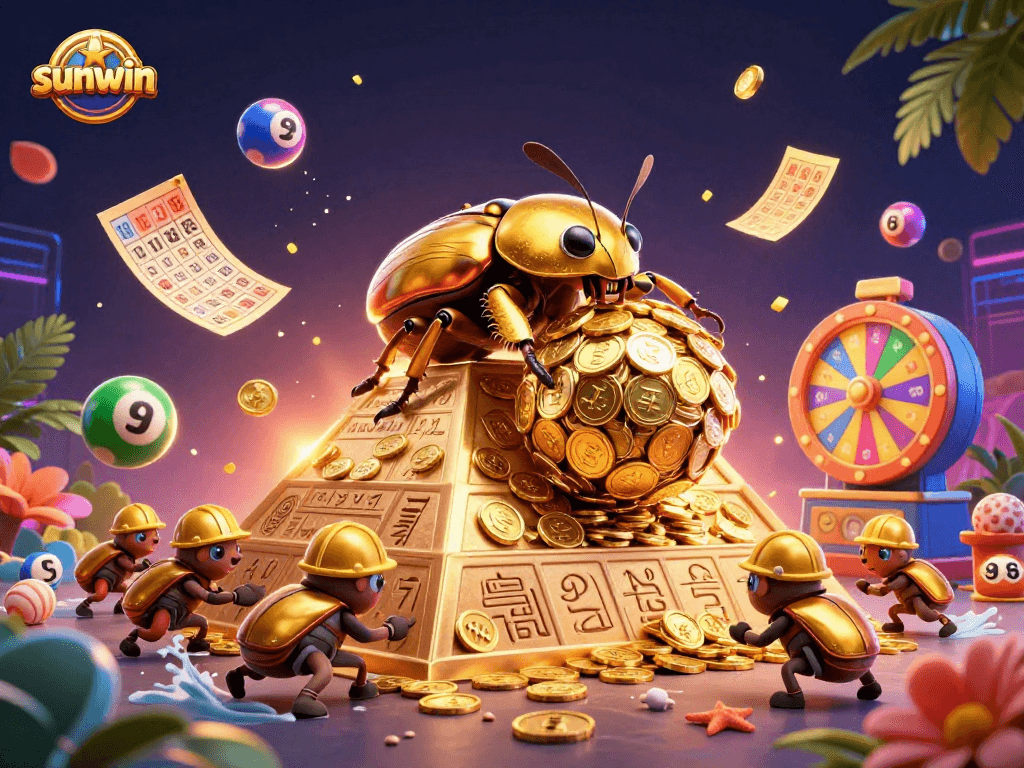 Win big with sunwin as a golden dung beetle rolls jackpot coins in a vivid casino scene.