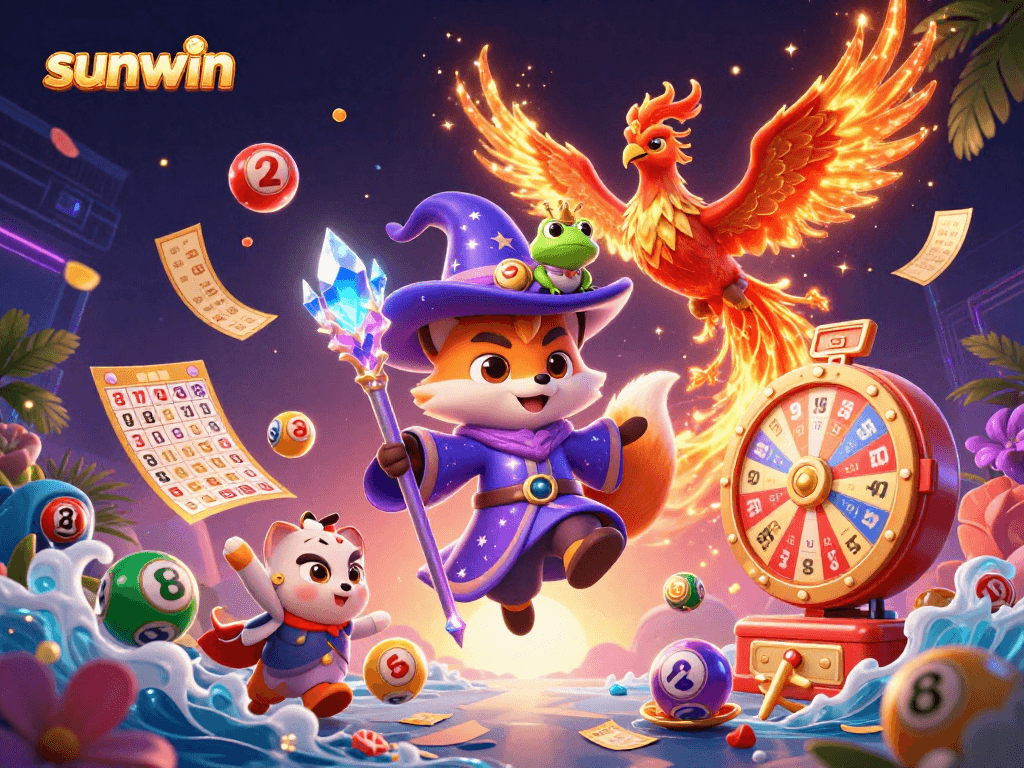 Experience the excitement of sunwin with a vibrant lottery scene featuring mystical characters.