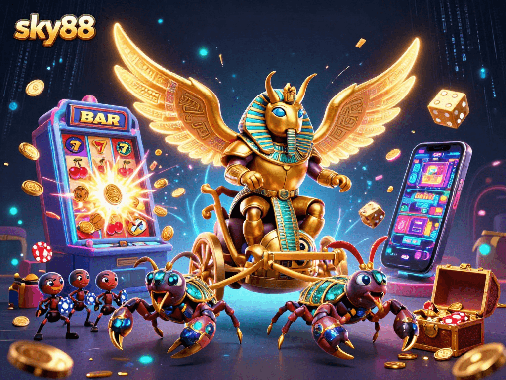 Experience the excitement of sky88 with a colossal golden scarab and rich casino elements in a vibrant 3D scene.