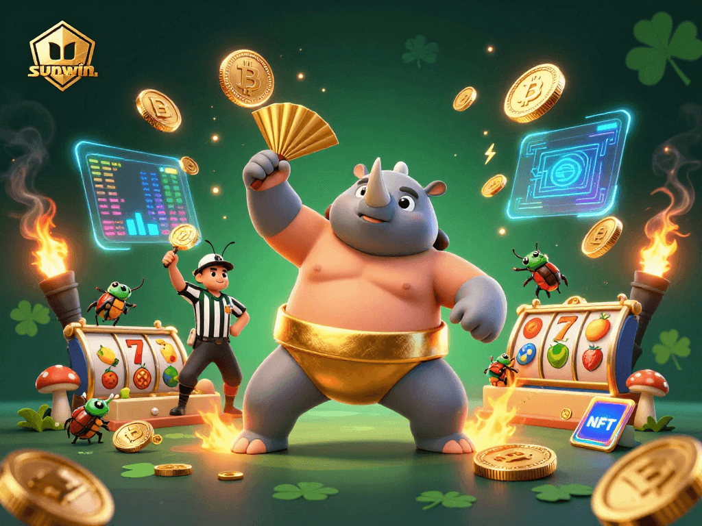 sunwin features a sumo champion, referee, and spectators in a dynamic casino scene filled with crypto elements.