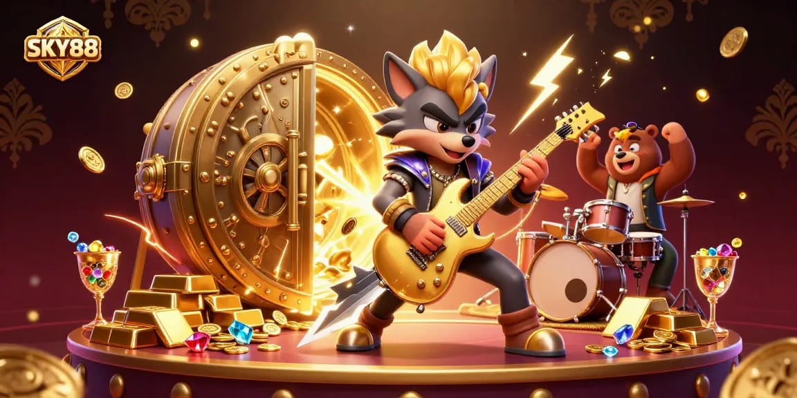 Experience thrilling games at SKY88 with a cartoon rock star wolf and drummer bear in a dynamic casino illustration.