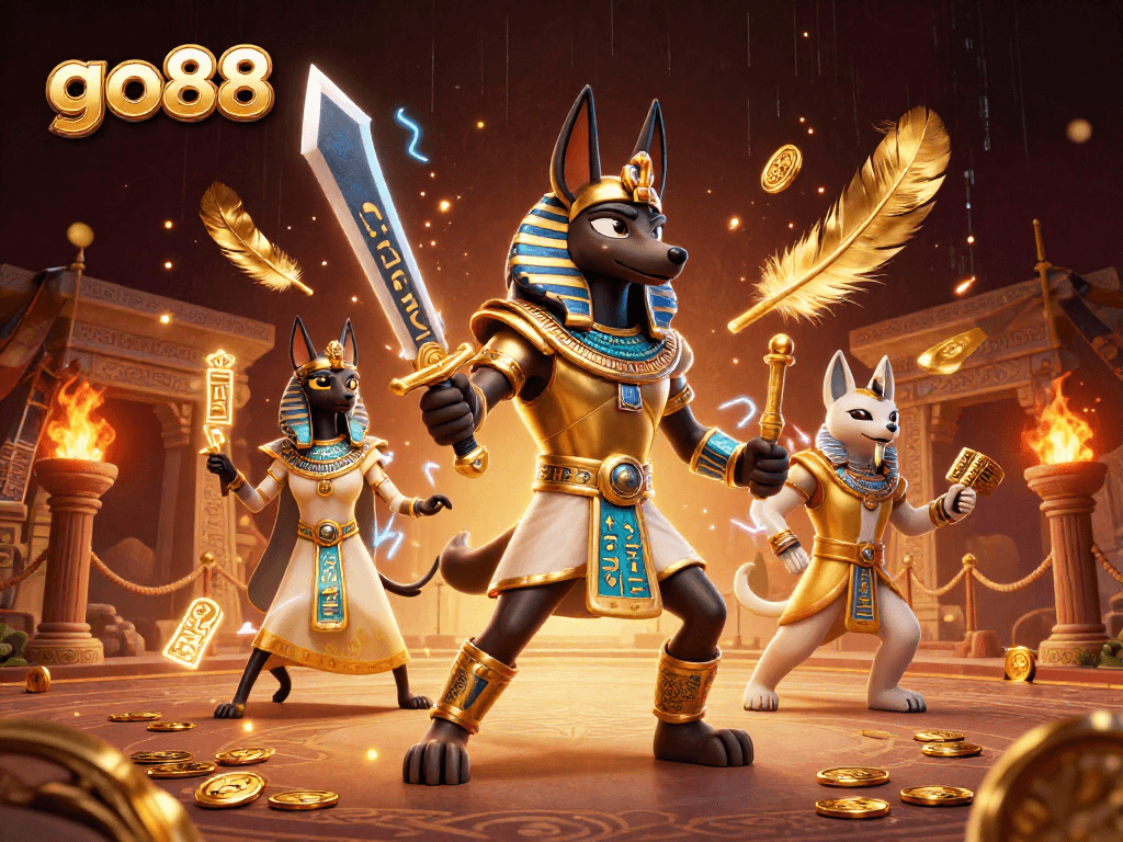 Engage in thrilling action with go88's lavish 3D casino scene featuring Egyptian warrior characters.