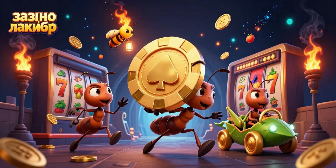 Feel the excitement at казино лакибир as cartoon ants carry a golden poker chip in a thrilling heist.