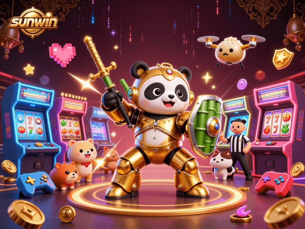 Engage with sunwin's vibrant casino scene featuring animated characters, arcade machines, and immersive gaming elements.