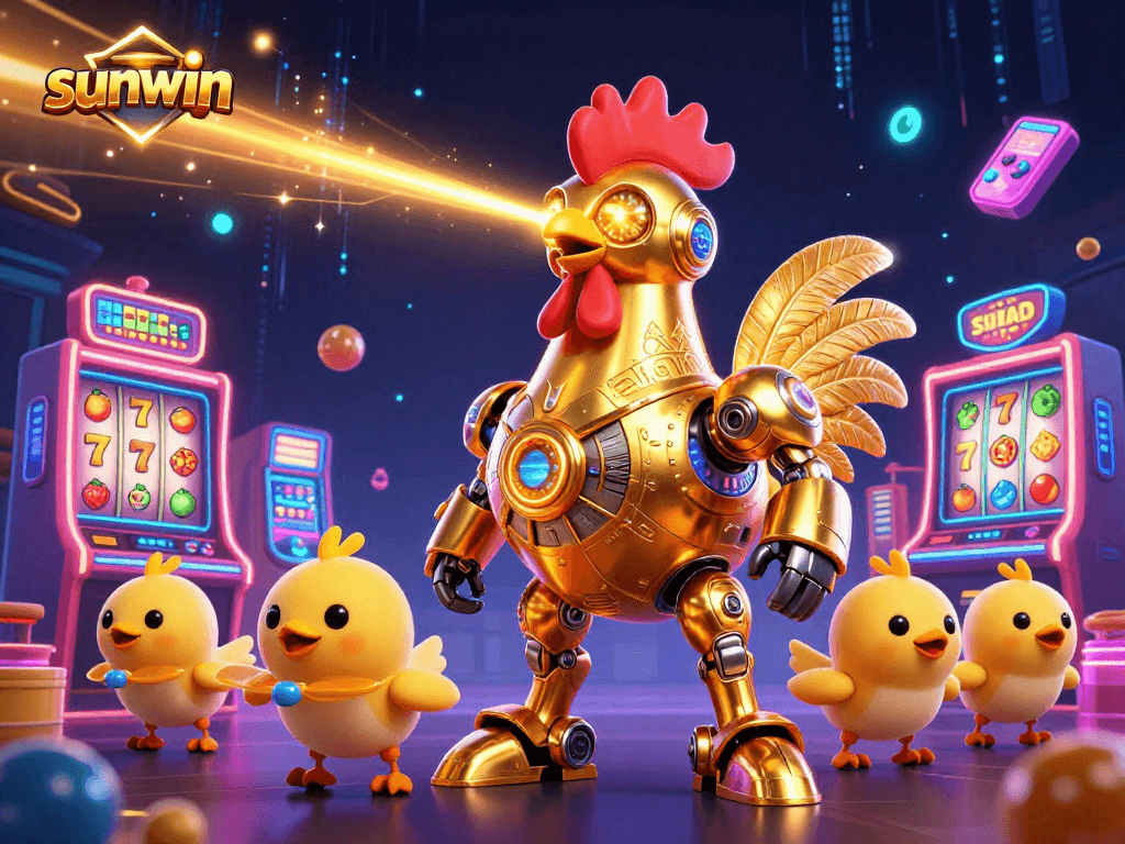 Experience sunwin's vibrant 3D slot adventure with a golden rooster robot and baby chick drones.
