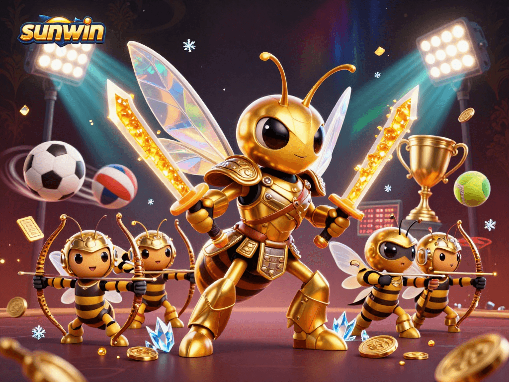 Sunwin illustrates a dynamic sports betting scene with a golden hornet mascot and game elements.