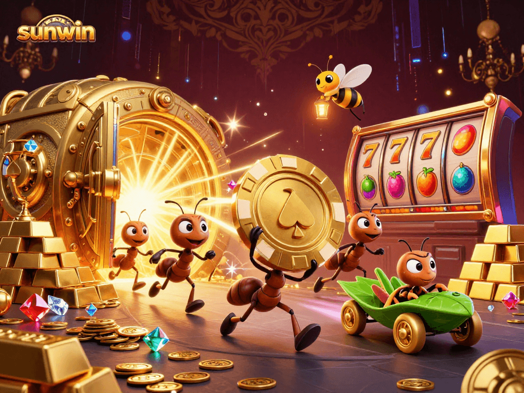 Join the thrilling sunwin heist led by ants with a golden poker chip in this vibrant casino scene.