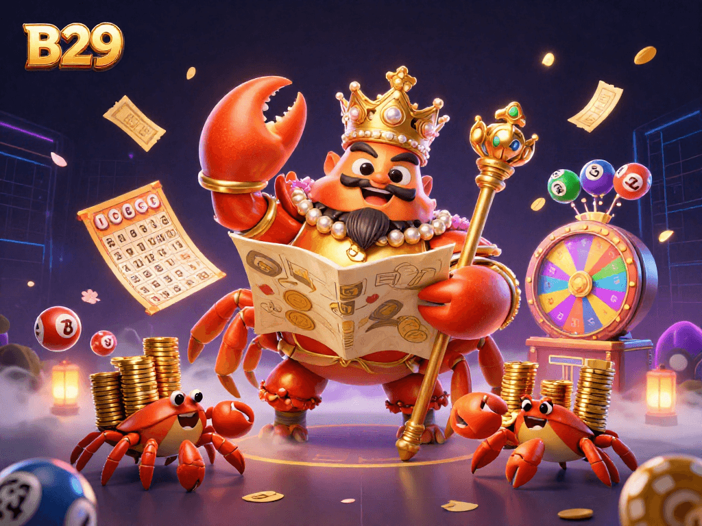 B29 offers thrilling gaming with a golden crab emperor leading luck in a vibrant casino scene.