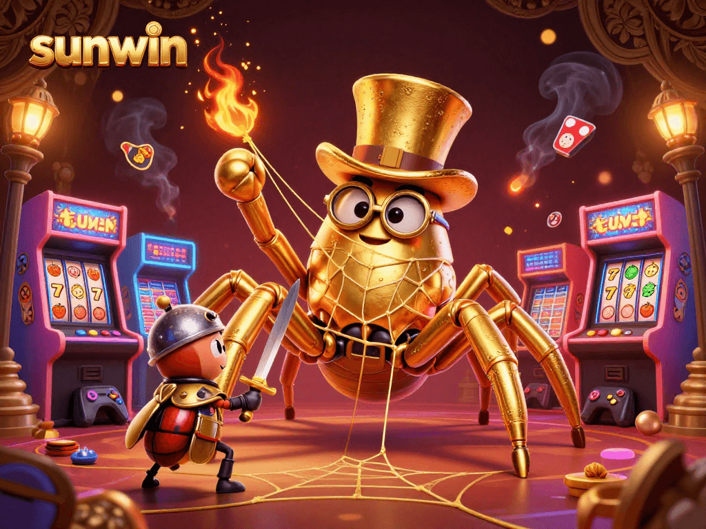 Spin to win at Sunwin with a golden tarantula, beetle knight, and vibrant casino symbols.