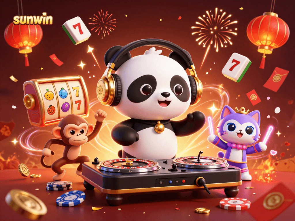 Experience the thrill of sunwin at a lively casino with vibrant 3D characters and dynamic slots.