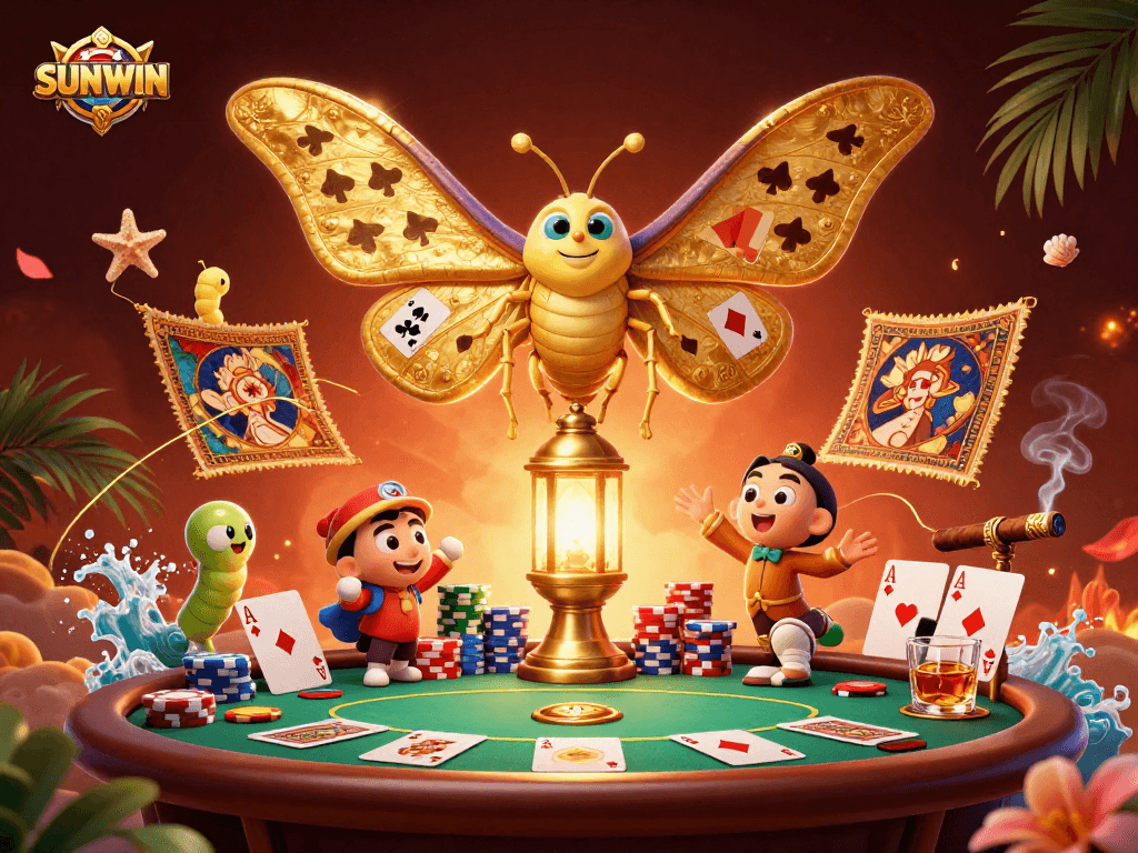 SUNWIN showcases a vibrant casino scene with an atlas moth symbolizing winning opportunities on a poker table.