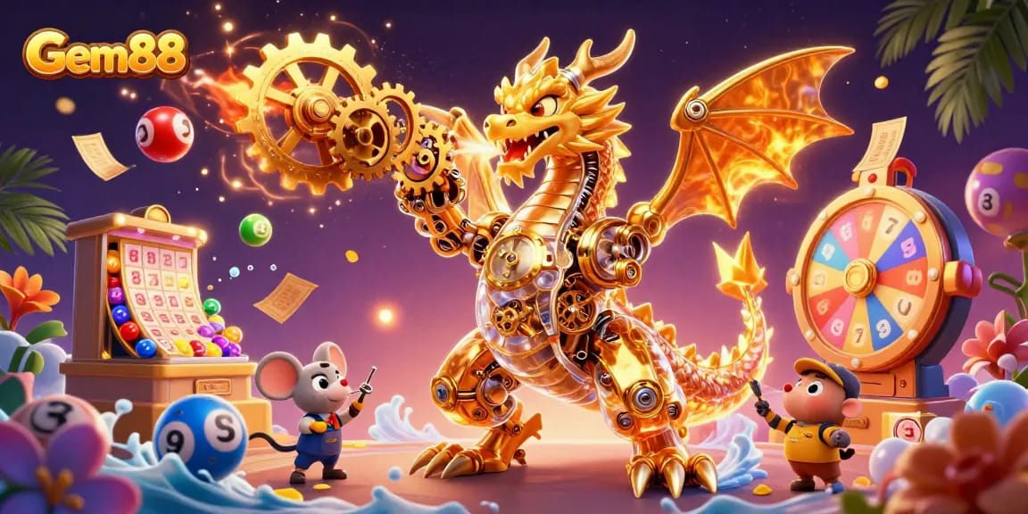 Engage in thrilling gameplay at Gem88 with dragon and lottery elements amidst dazzling effects.
