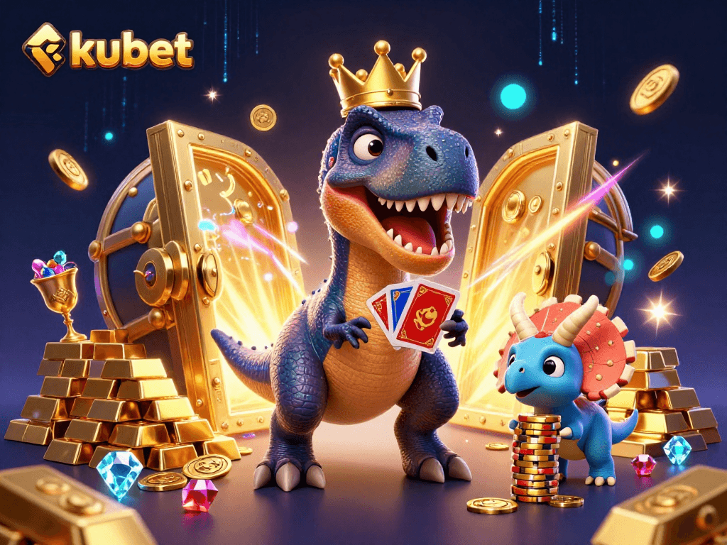 Experience thrilling gameplay with kubet featuring playful dinosaur characters in a vibrant casino scene.