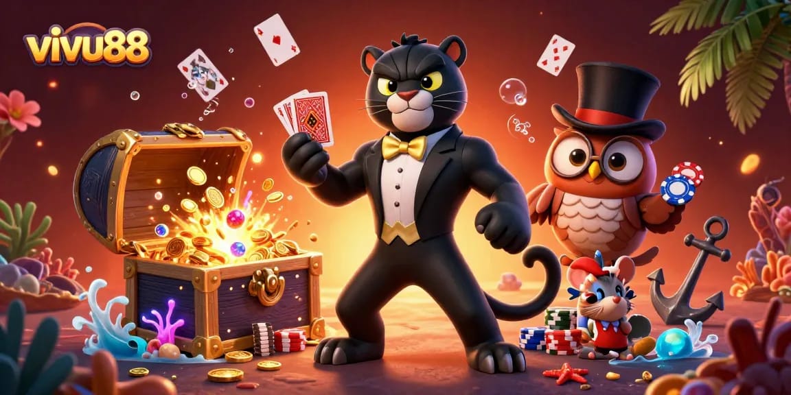 Experience the thrill of vivu88 casino with a stylish black panther, an owl, and a lucky mouse
