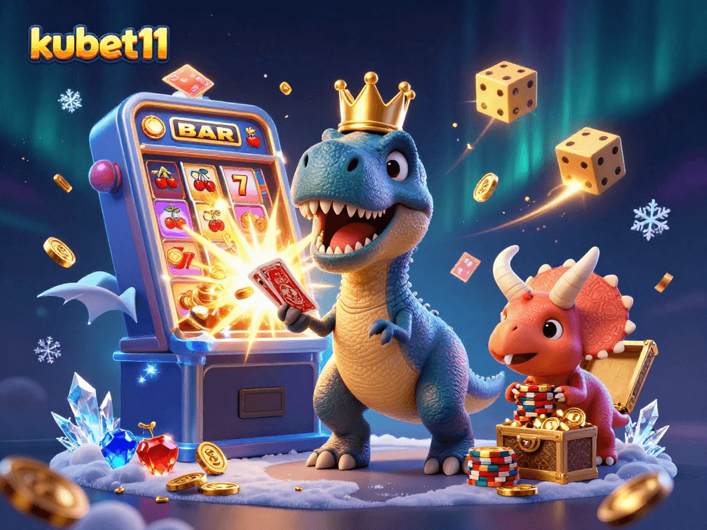 Kubet11 slots come alive as a T-Rex shuffles cards while dinosaurs celebrate with casino chips.
