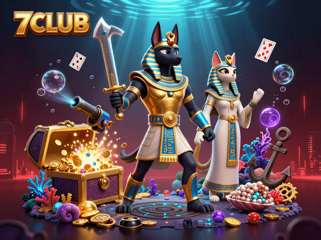 Immerse in the 7CLUB action with Anubis and Bastet amidst a dazzling treasure scene.