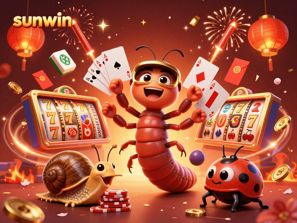 Experience sunwin's vibrant casino scene with a cartoon millipede dealer and exciting game elements.