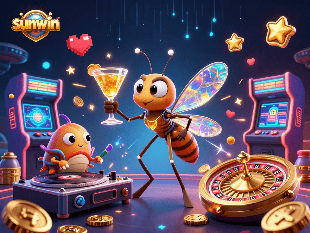 Experience sunwin's vibrant casino adventures with a lively mosquito mascot and engaging game elements.
