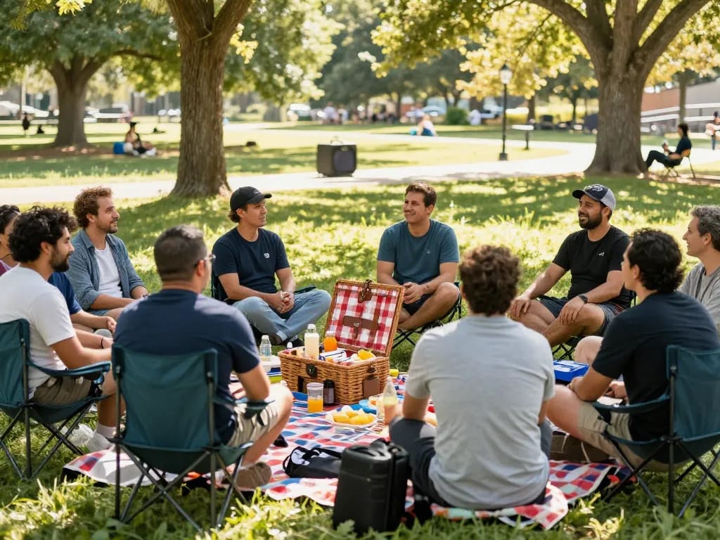 Men sharing stories during a sunny outdoor man club gathering in a park.