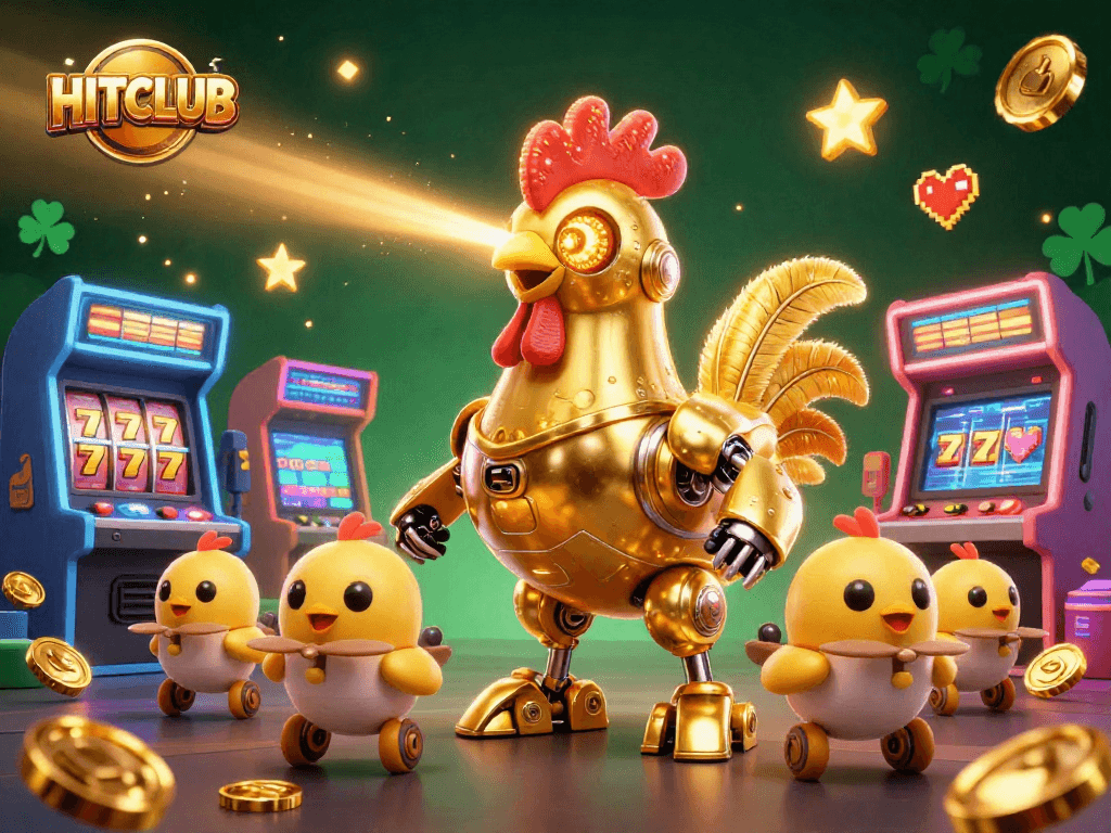 Engage with HITCLUB's thrilling slot games in this vibrant 3D casino scene featuring a golden rooster robot.