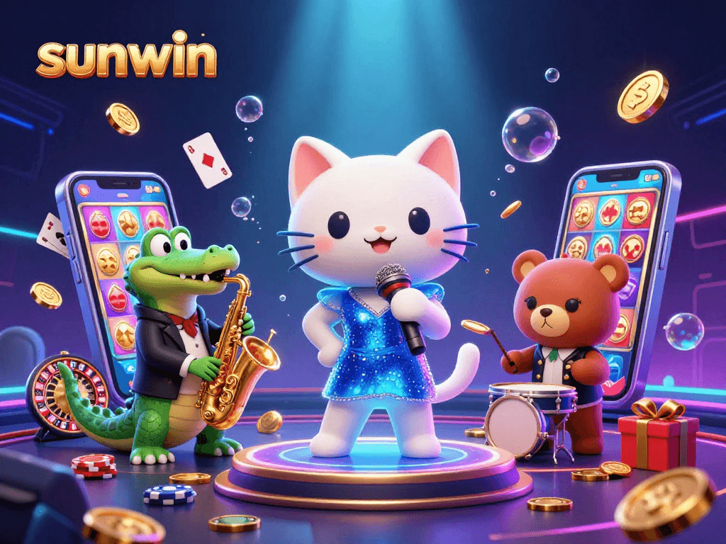 Experience the excitement of sunwin with a vibrant casino scene featuring colorful characters and games.