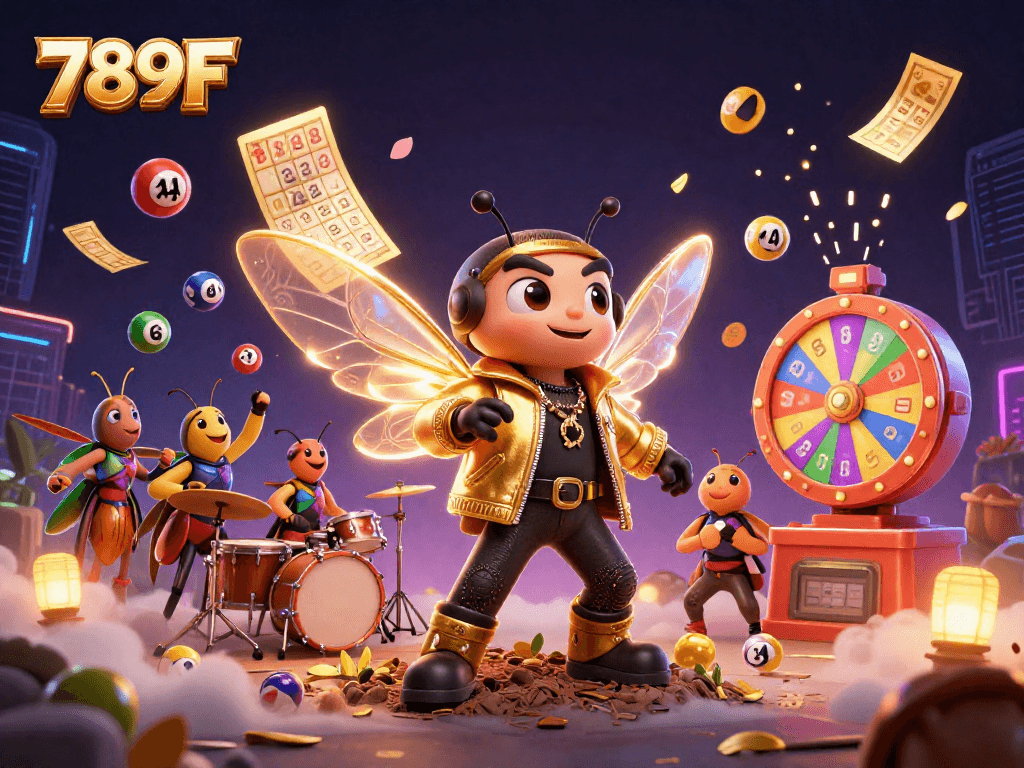 A colorful 789F scene with a rock star cicada, beetle drummer, and dynamic lottery game elements