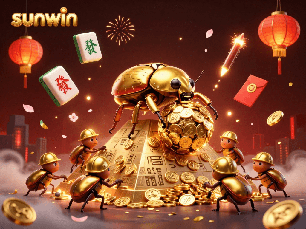 Join sunwin's vibrant casino adventure with golden beetles and festive decorations!