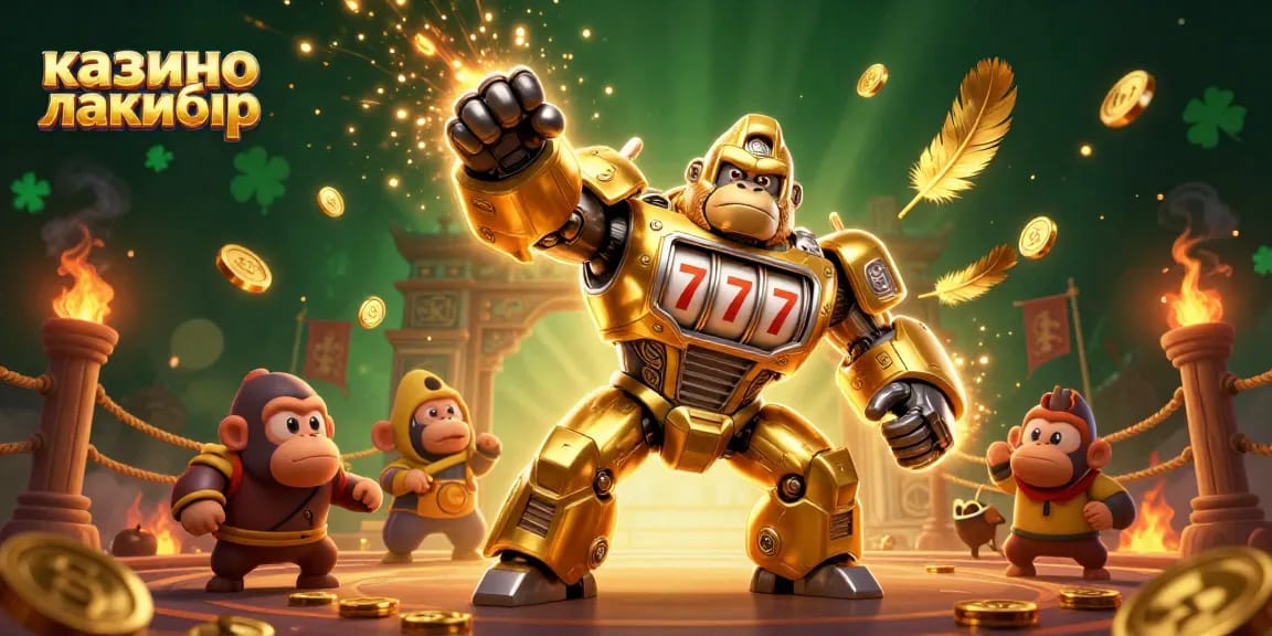 Win big with казино лакибир in this immersive 3D casino battle scene featuring a golden gorilla mech.