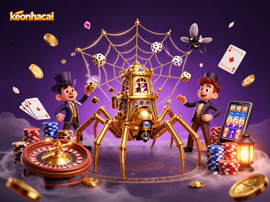 Catch the excitement with keonhacai as a golden spider spins a web of fortune in a glamorous casino setting.