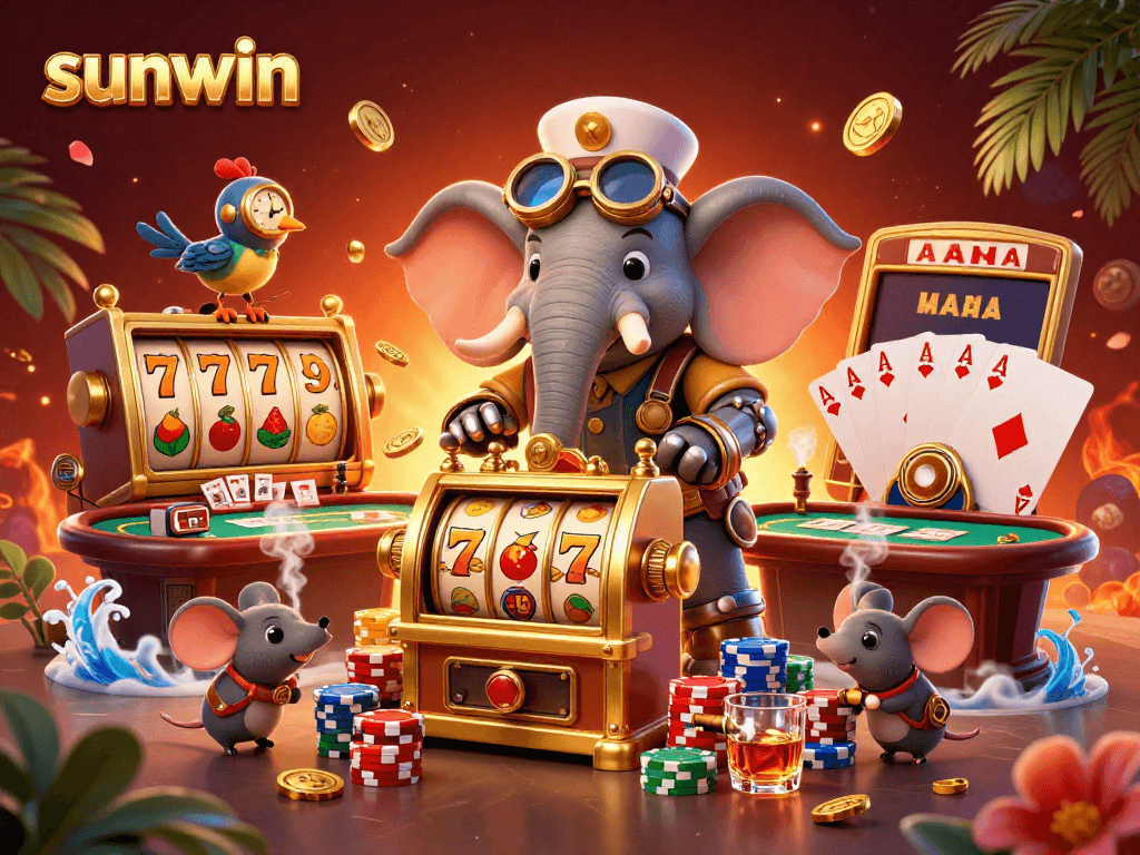 Experience the thrill of sunwin with a steampunk themed slot machine scene, featuring vibrant casino elements.