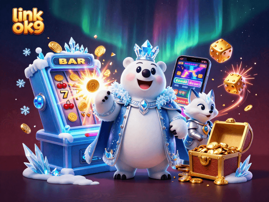 Spin and win at link ok9 with vibrant gaming elements and characters in a rich casino setting