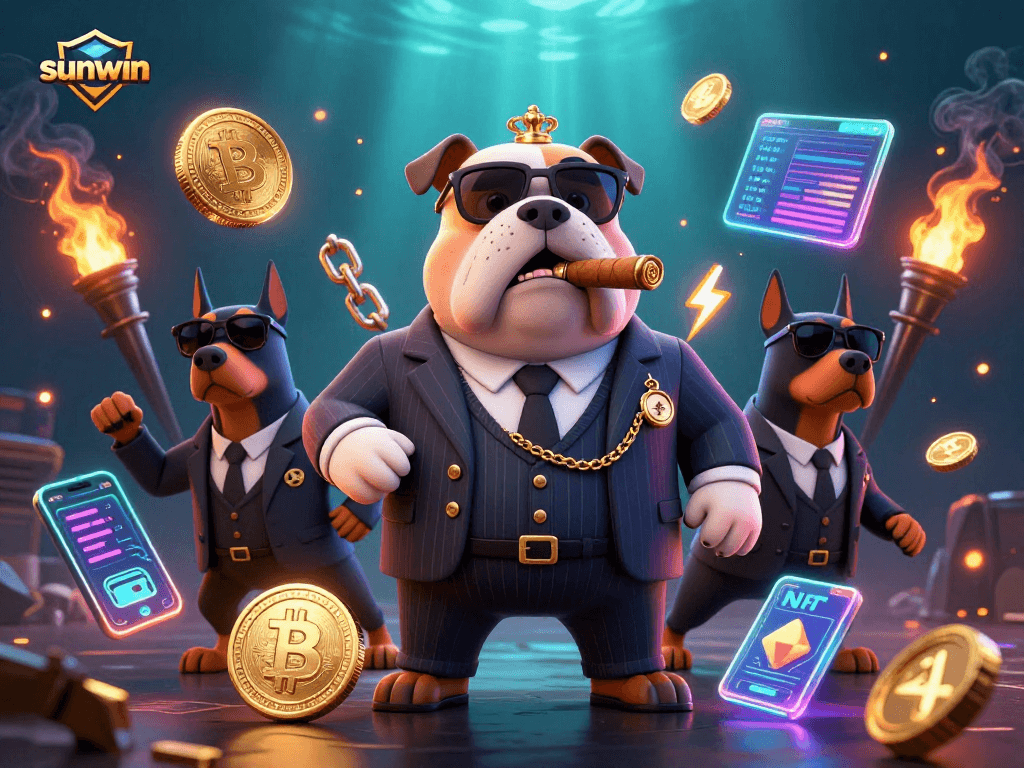 Engage with sunwin in an exciting crypto casino scene featuring a cartoon mafia bulldog.