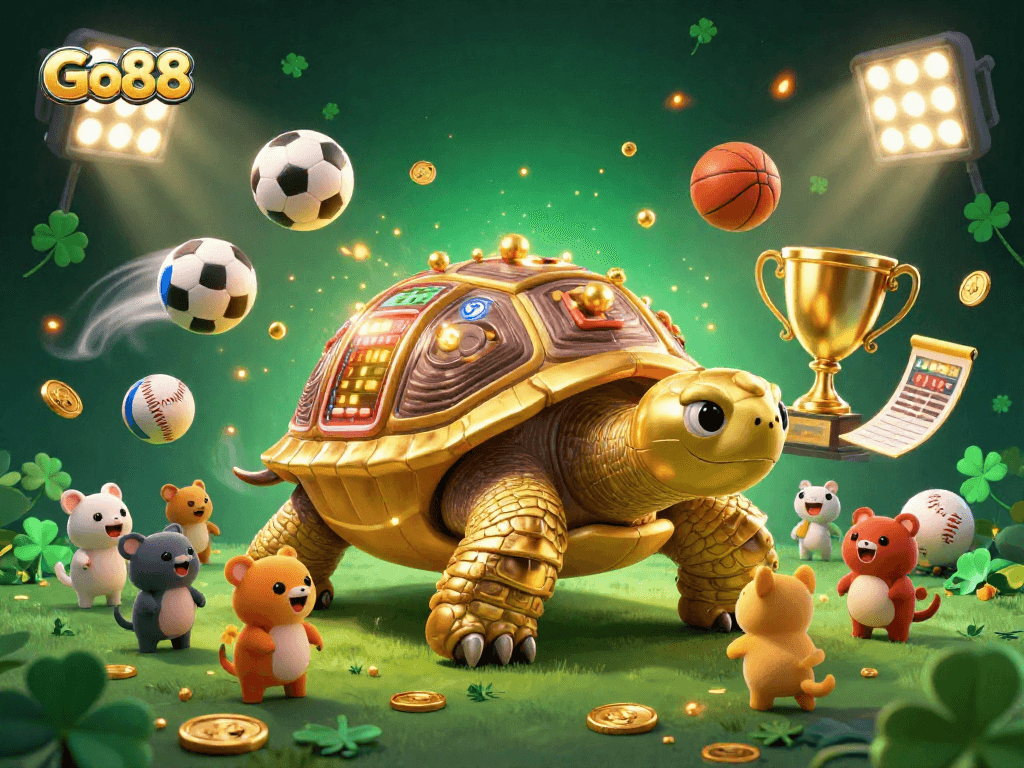 Engage in thrilling sports betting at Go88 with a dynamic gaming scene featuring a tortoise pinball machine.