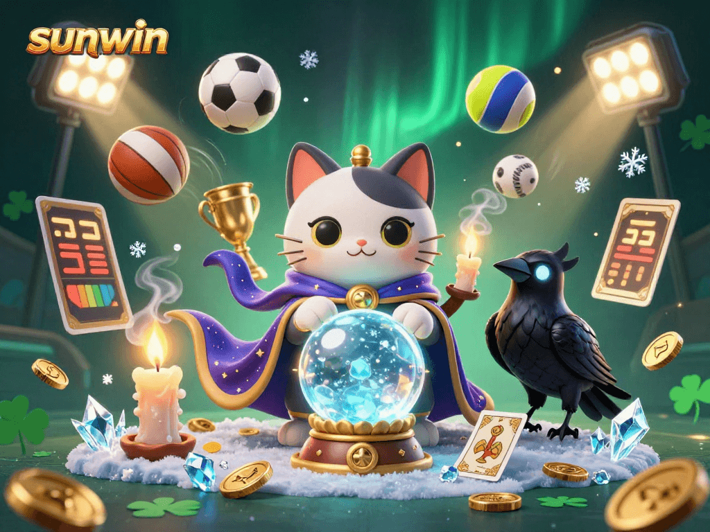 Feel the thrill of winning with sunwin at our vibrant 3D casino illustration featuring fortune teller and sports elements.
