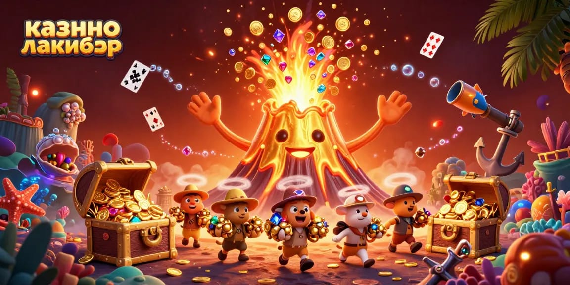 Engage with казино лакибир through a vibrant scene featuring treasures and gaming elements.