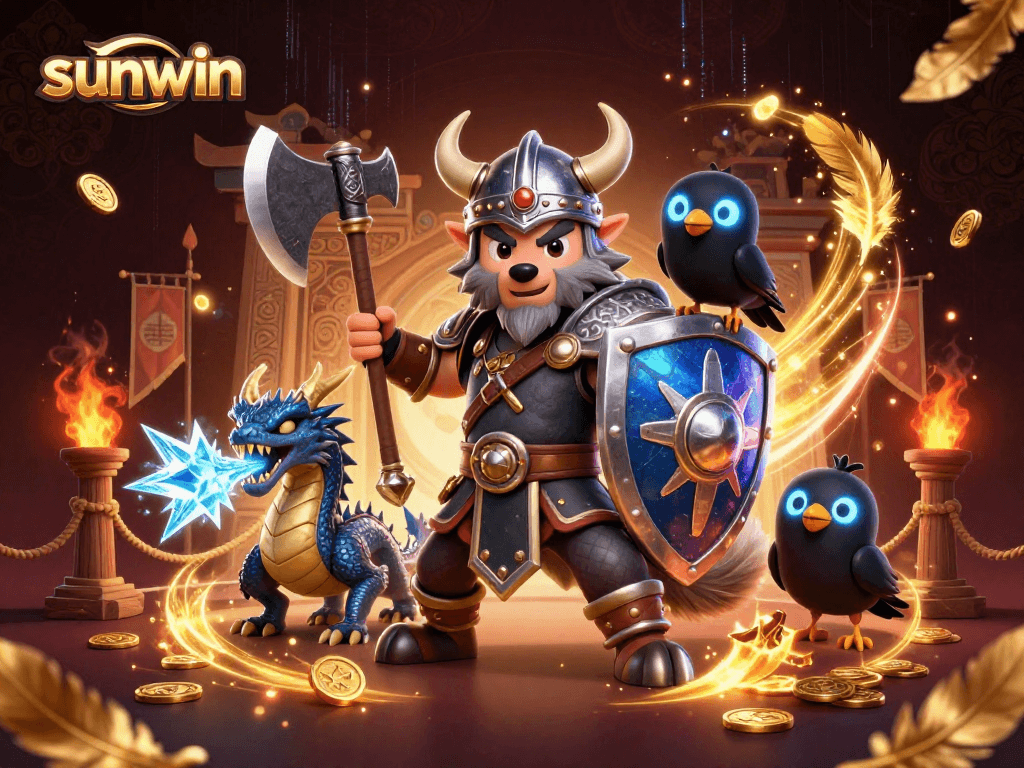 Experience the thrill of sunwin with a Viking warrior, fierce dragon, and raven surrounded by epic gaming elements.