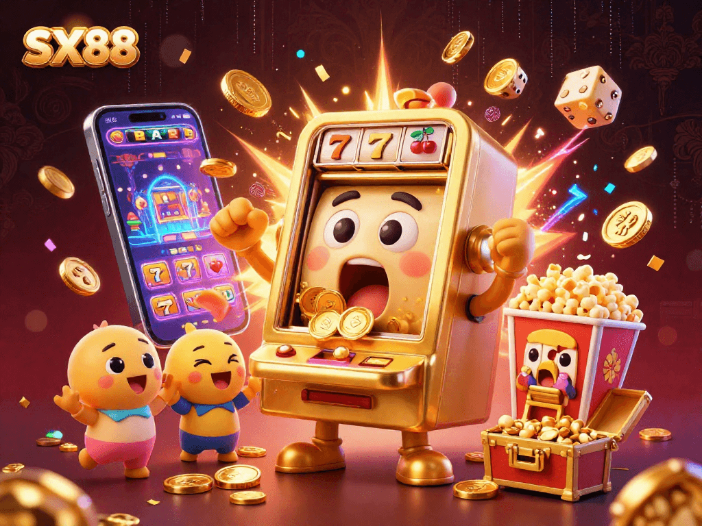 SX88 engages players with a winning slot machine jackpot, showcasing vibrant casino energy and excitement.