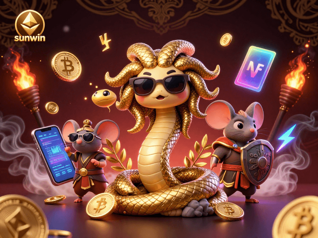 Play thrilling casino games with sunwin, featuring Medusa and warrior mouse amidst crypto coins.