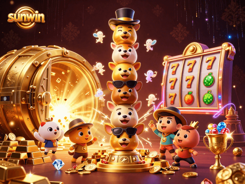 Experience the excitement of sunwin with vibrant slot reels and layered casino elements in a dynamic 3D illustration.