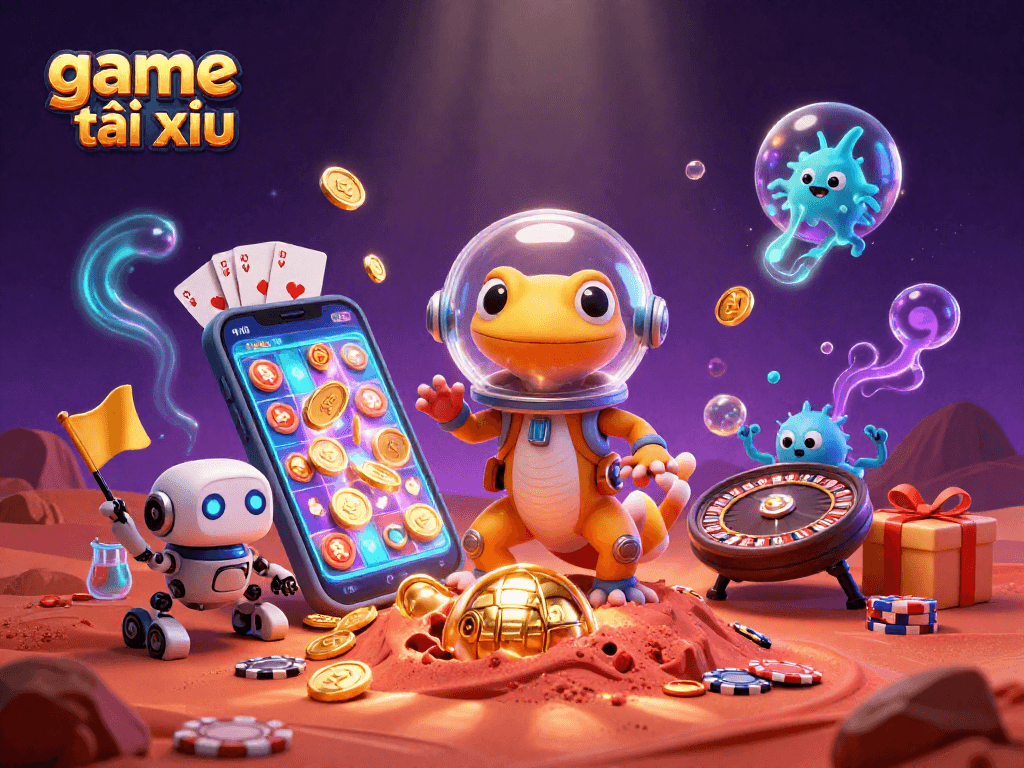 Engage in thrilling game tài xỉu as 3D cartoon Martian gecko discovers a hidden golden casino on Mars.