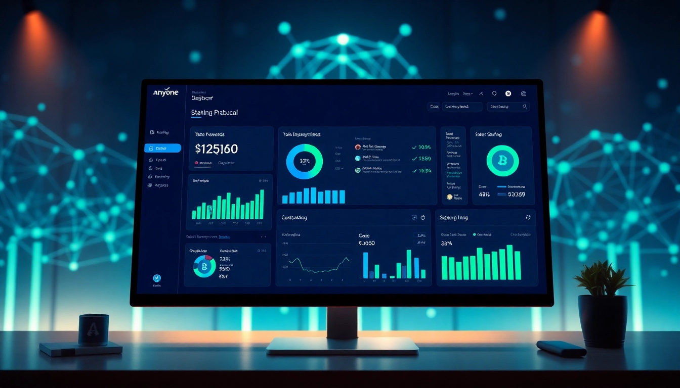 Anyone Protocol Dashboard displaying staking analytics and rewards in a modern, high-tech design.