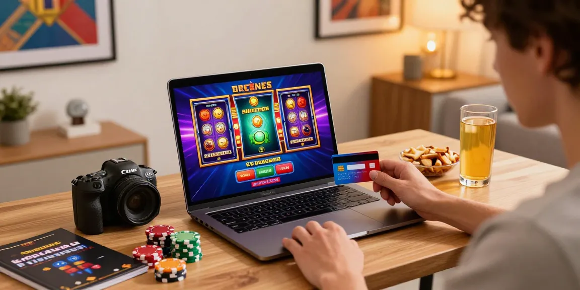Player enjoying credit card casinos on a laptop with colorful slot visuals and gaming snacks.