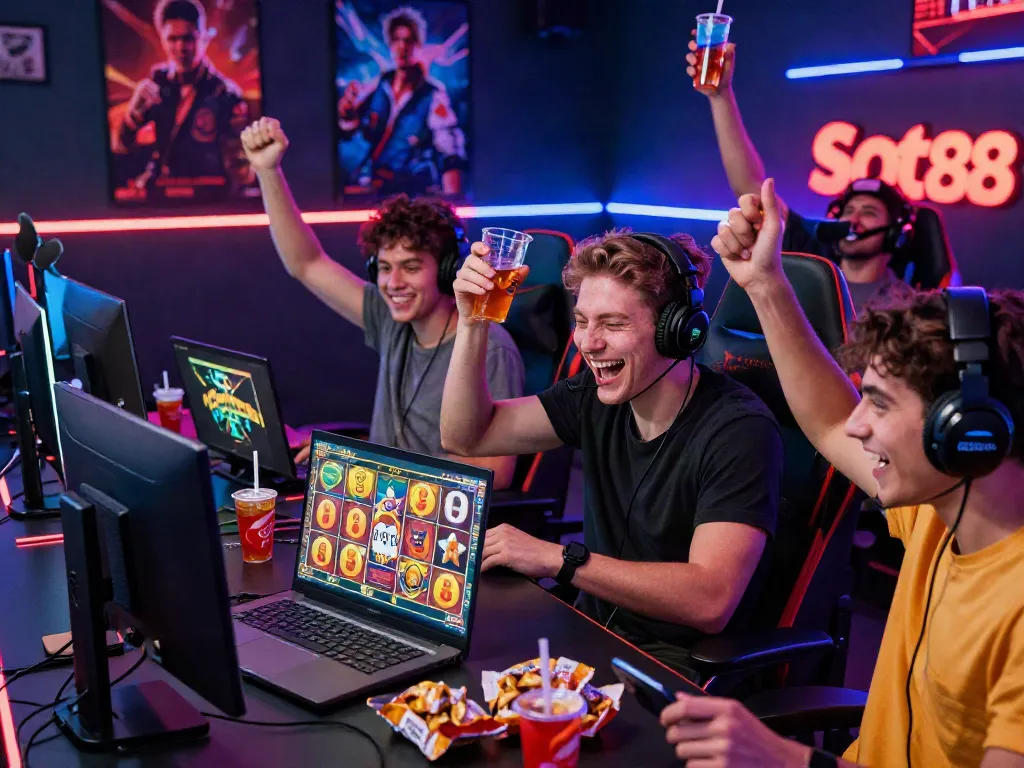 Players enjoying Slot88 gaming experience with excitement and colorful setup.