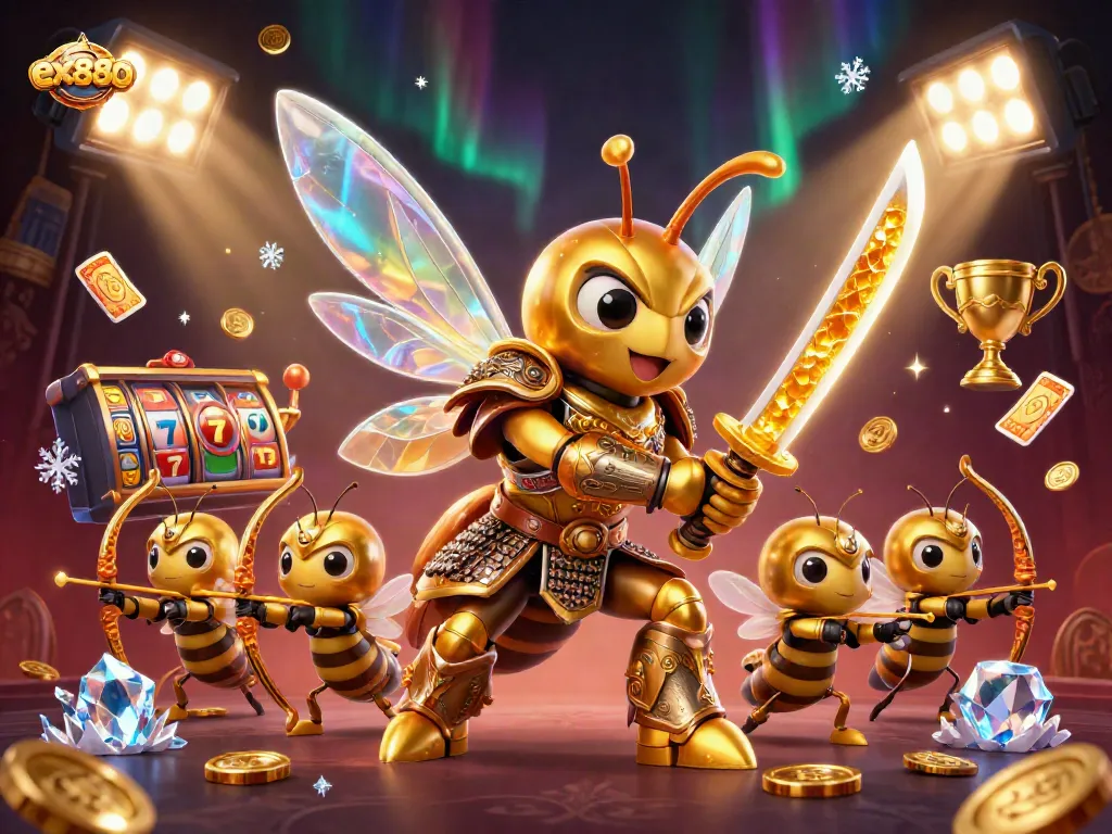 Engage with the vibrant ex880 casino scene featuring a golden hornet and dynamic slot machine elements.