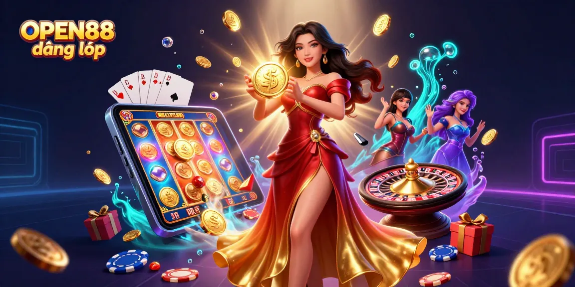Experience the thrill of OPEN88 đăng nhập with a vibrant casino-themed 3D illustration showcasing dynamic gaming elements and enticing visuals.