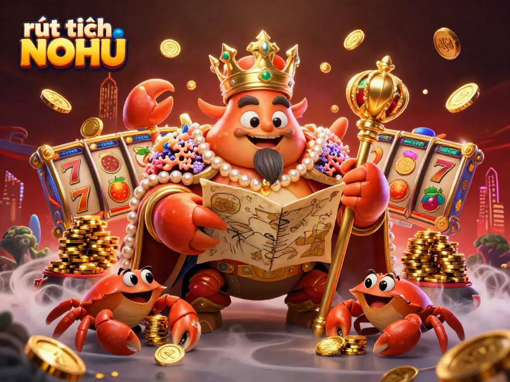 Experience rút tiền NOHU with a golden crab emperor and vibrant slot game elements in a rich underwater setting.